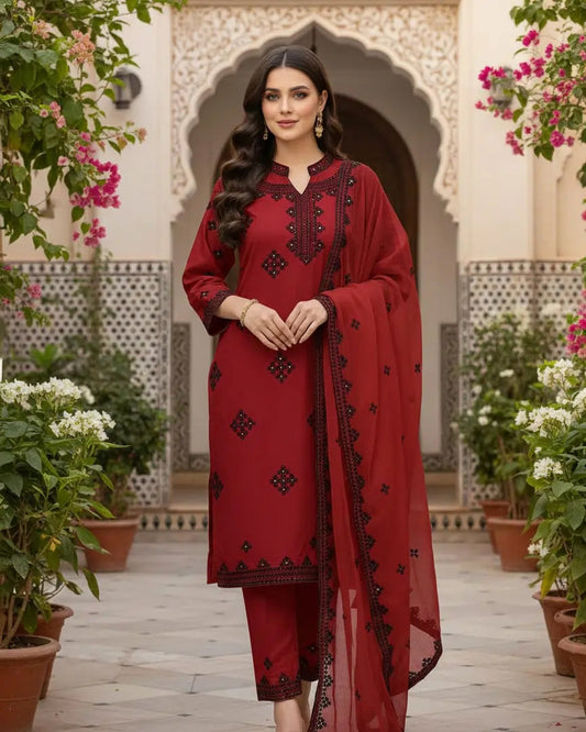 Sindhi Anarkha Style Lawn Cotton Heavy Embroidery - 3 Piece