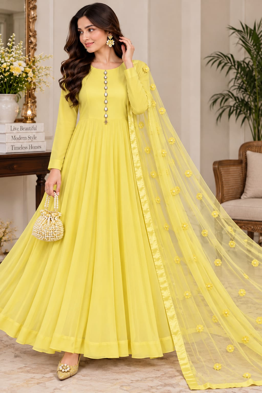 3D aplique flower duppata with plain katan silk unstitched 3-Piece Suit