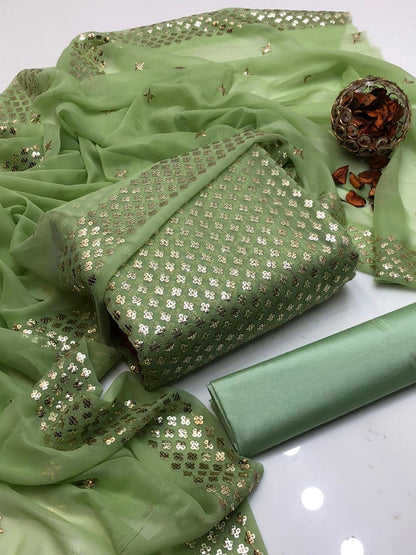 New Arrival 3-Piece Chiffon Sequin Dress | Kataan Silk Trouser & Border Work Dupatta