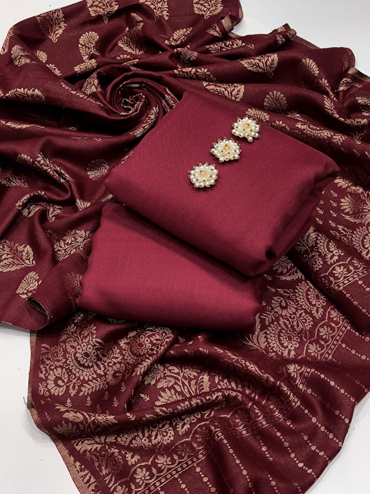 Indian Kani shawl with wool plain - 3 piece
