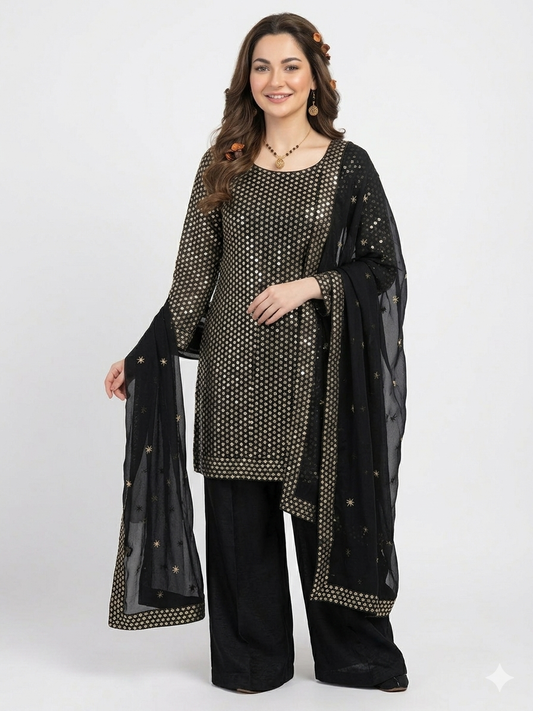 New Arrival 3-Piece Chiffon Sequin Dress | Kataan Silk Trouser & Border Work Dupatta
