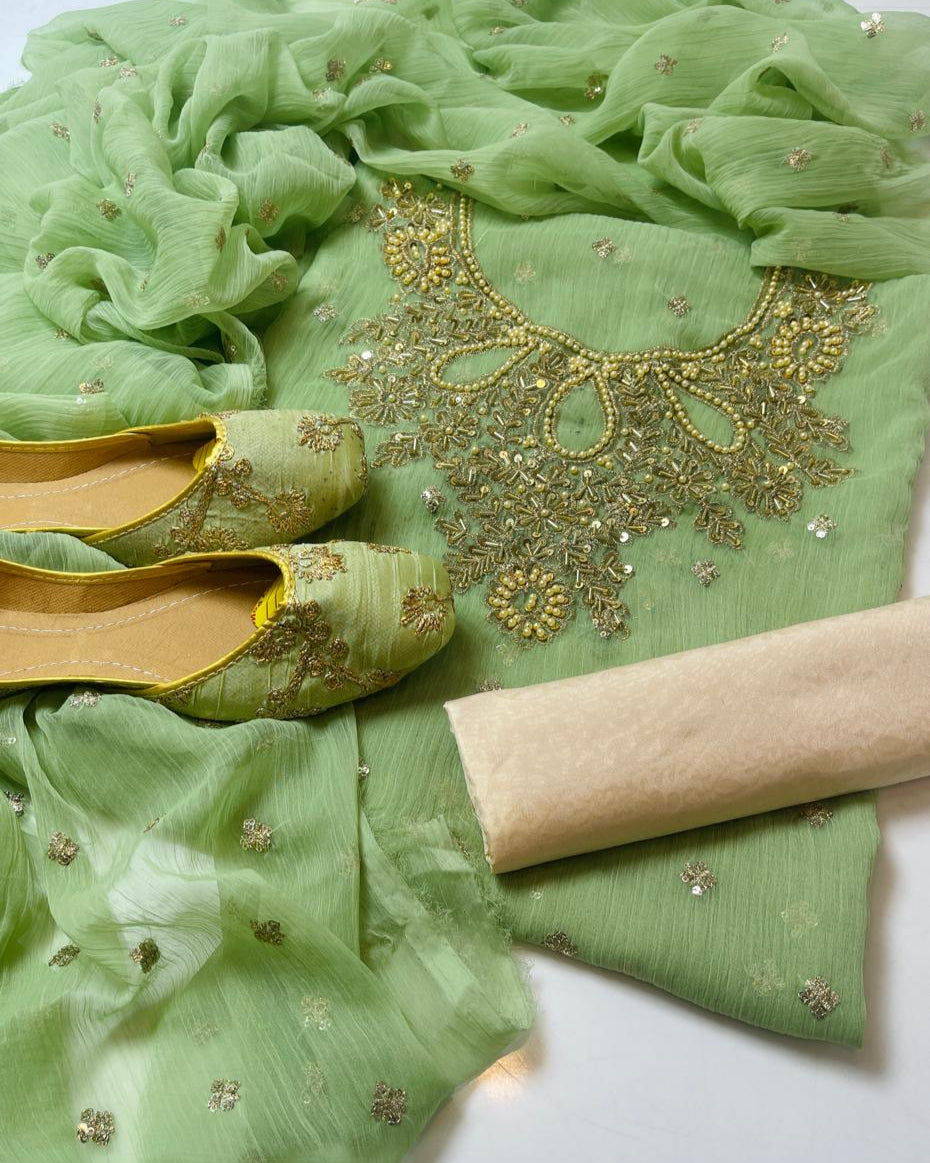 Chiffon Boti HandWork-3 Piece Dress with Khussa