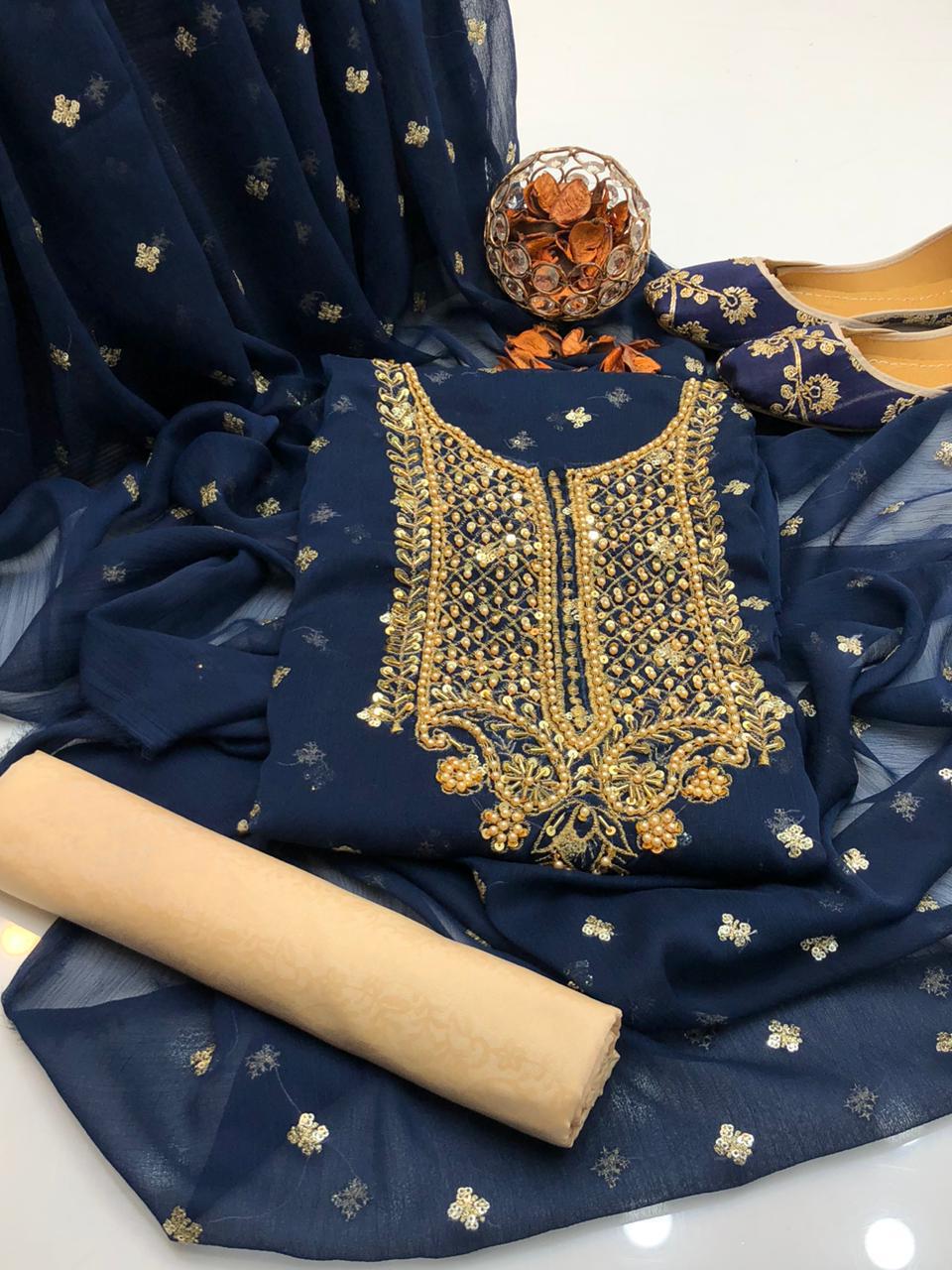 Chiffon Boti HandWork-3 Piece Dress with Khussa