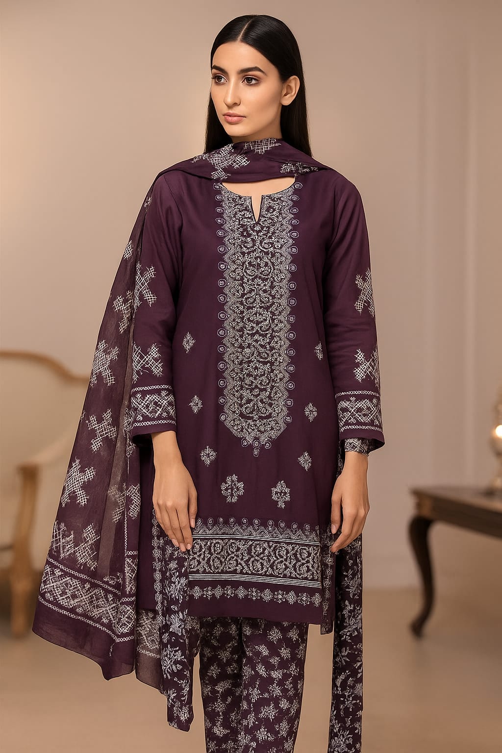 Fancy Style 3-Piece Lawn Suit – Embroidered Shirt with Printed Chiffon Dupatta