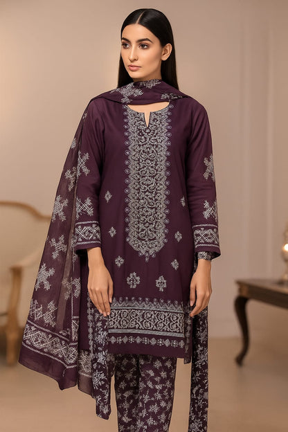 Fancy Style 3-Piece Lawn Suit – Embroidered Shirt with Printed Chiffon Dupatta
