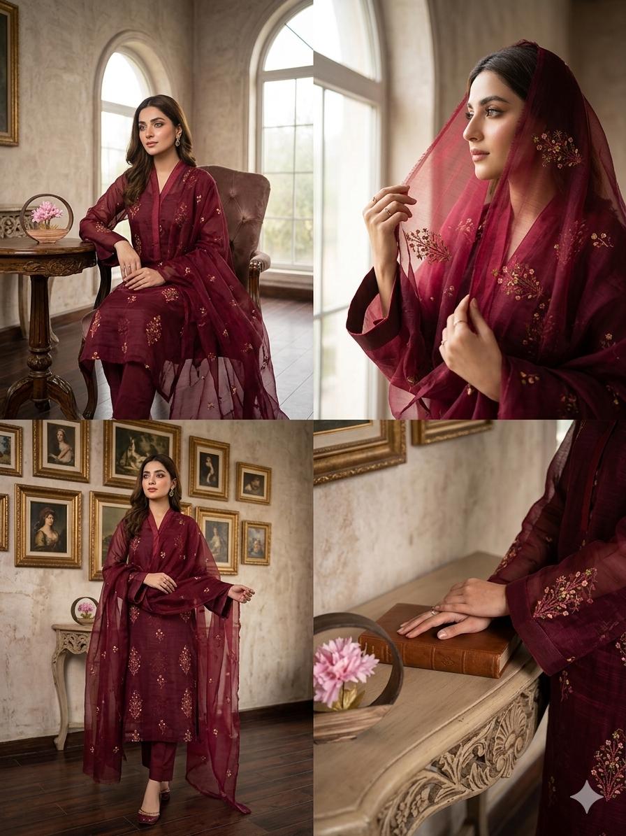 Khaadi Stuff Embroidered 3 Piece Suit – Embroidered Shirt, Dupatta & Kataan Trouser