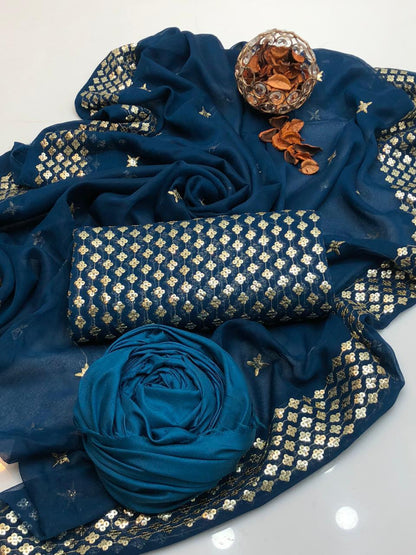 New Arrival 3-Piece Chiffon Sequin Dress | Kataan Silk Trouser & Border Work Dupatta