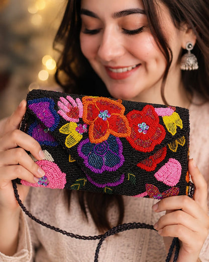 Black 3D Multi-Color Floral clutch