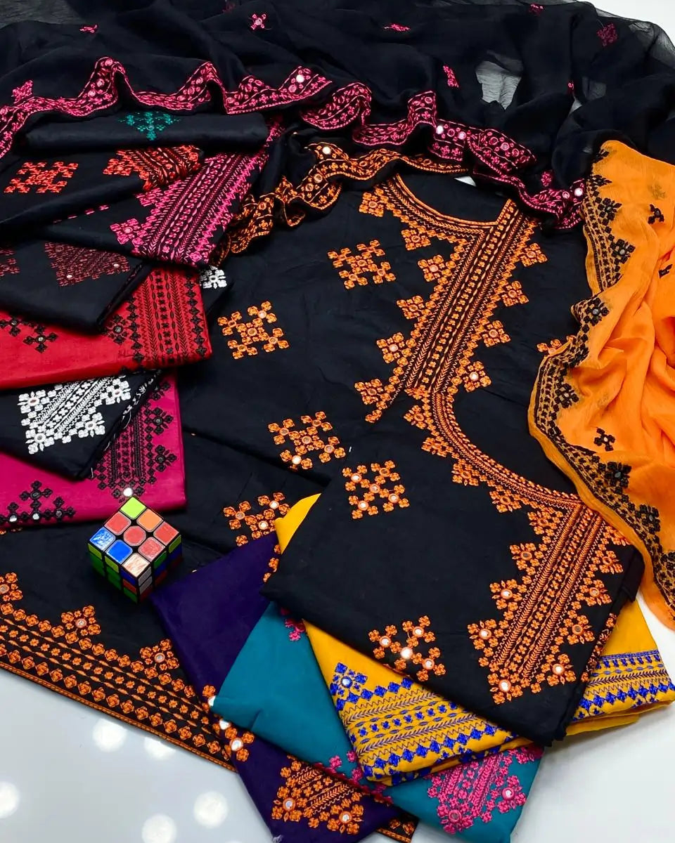 Sindhi Anarkha Style Lawn Cotton Heavy Embroidery - 3 Piece