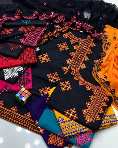 Sindhi Anarkha Style Lawn Cotton Heavy Embroidery - 3 Piece