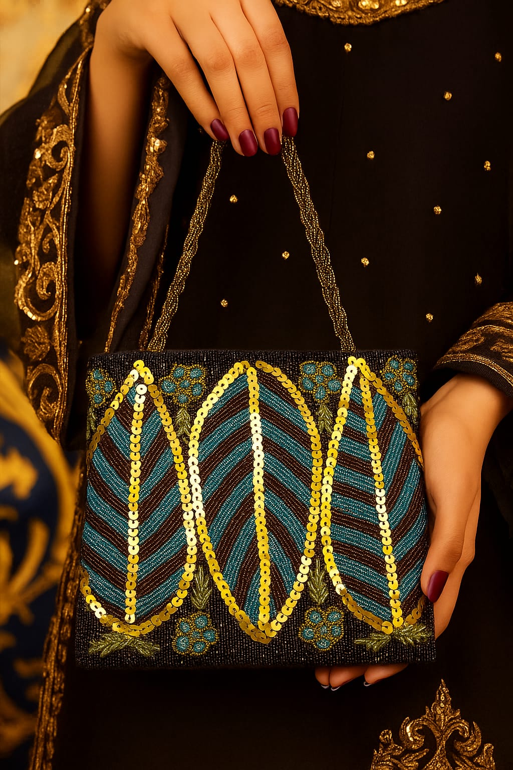 Black Handmade Beaded Clutch – Elegant Party Purse