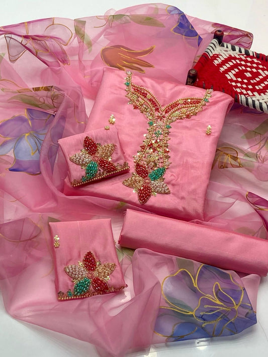 Katan Silk 3 Piece Dress – Beads Work Shirt, Sleeves Bunch & 3D Organza Dupatta