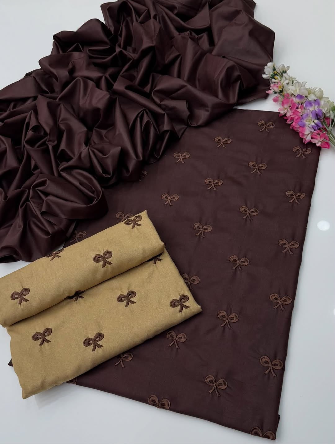 Ribbon embroidered dhanak-3 piece