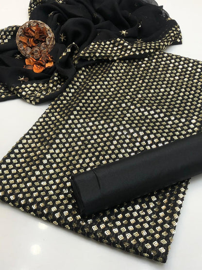 New Arrival 3-Piece Chiffon Sequin Dress | Kataan Silk Trouser & Border Work Dupatta