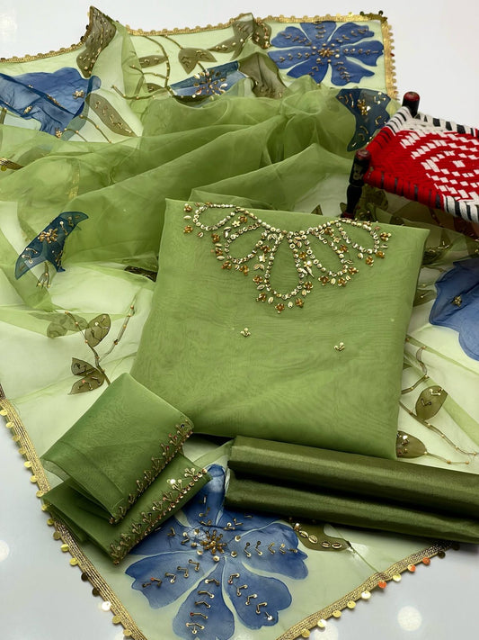 Handwork Stones & Beads Organza-3 Piece Dress with Zari Dupatta