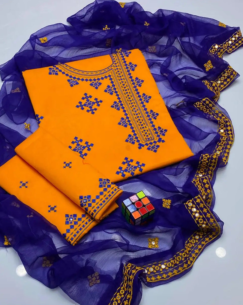 Sindhi Anarkha Style Lawn Cotton Heavy Embroidery - 3 Piece