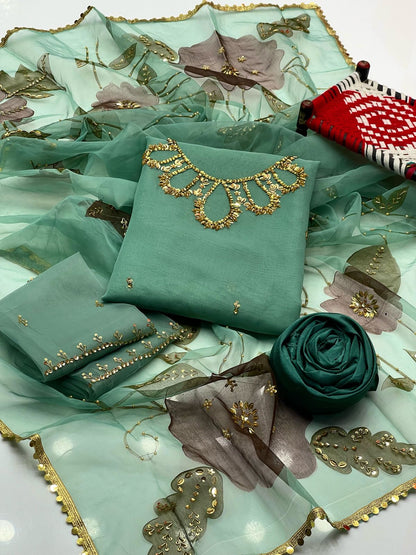 Handwork Stones & Beads Organza-3 Piece Dress with Zari Dupatta