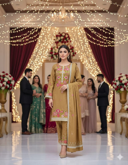 Dhanak emb 3 - Piece Semi stitched