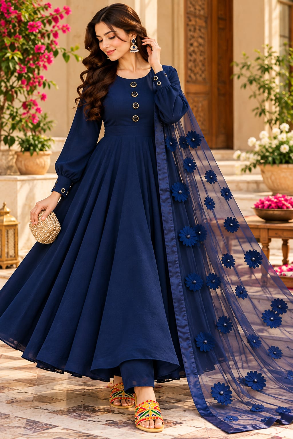 3D aplique flower duppata with plain katan silk unstitched 3-Piece Suit